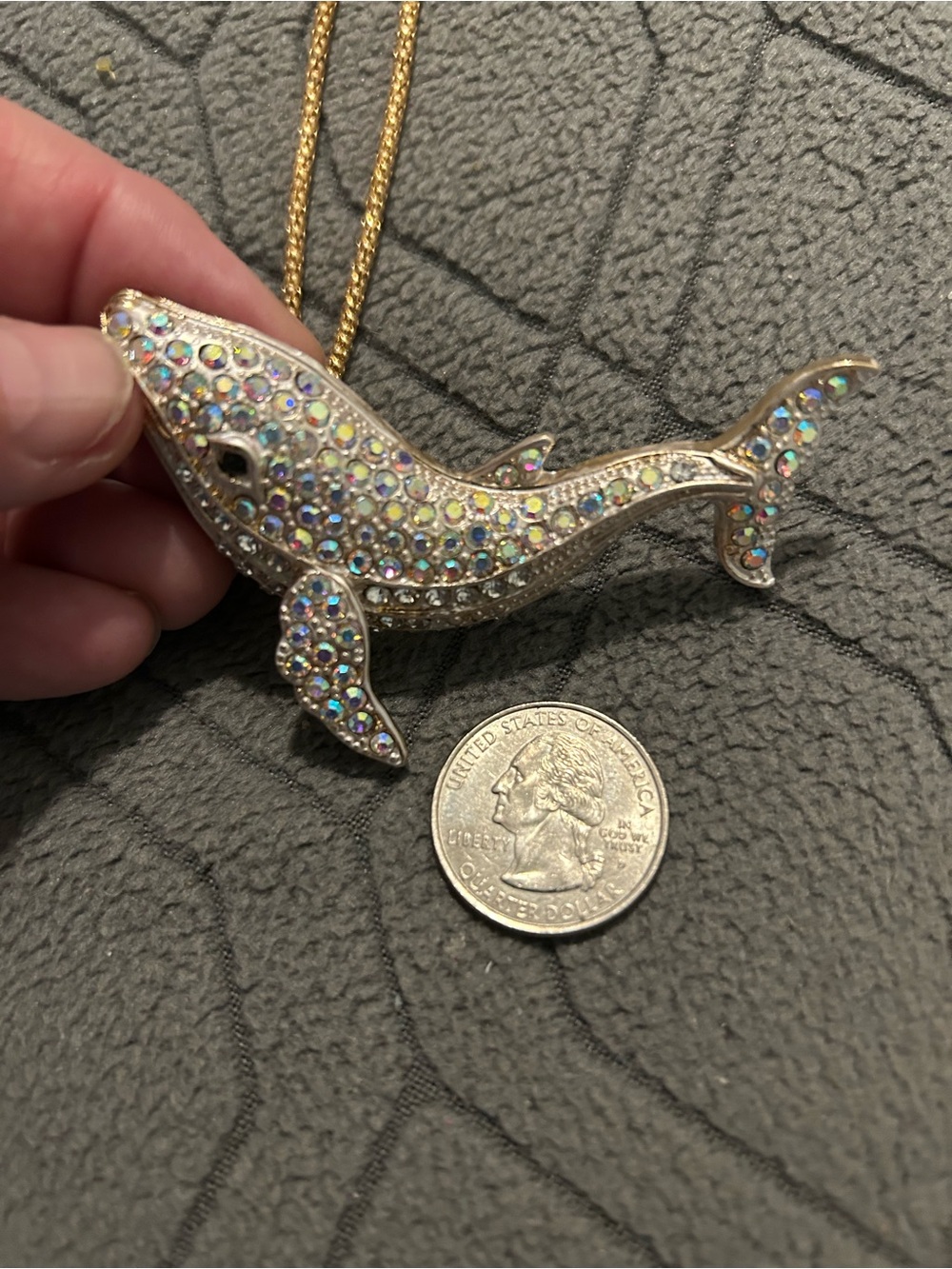 Crystal Iridescent Whale Pendant Necklace - Gold Tone Chain